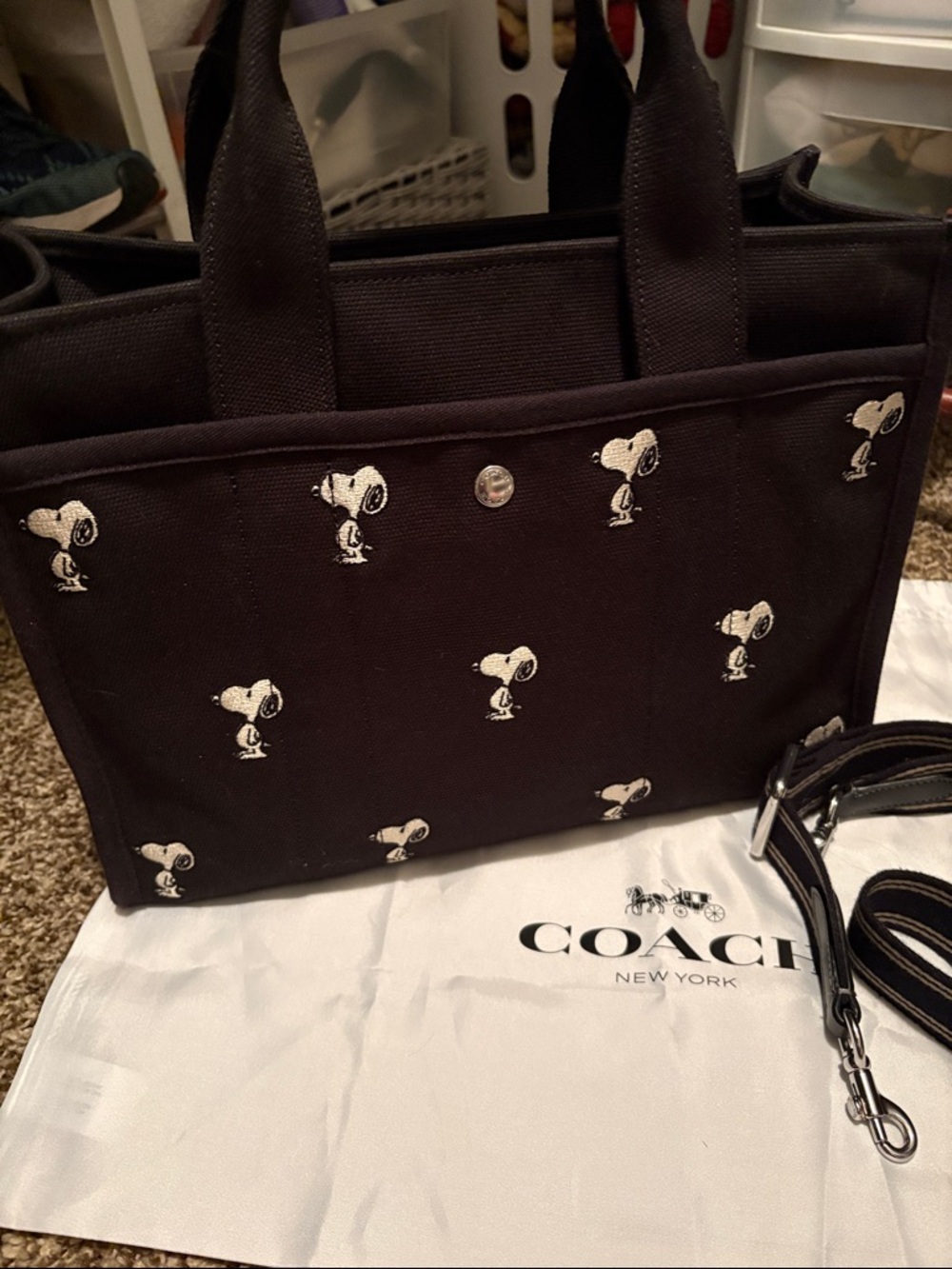Coach X Peanuts Snoopy Black Canvas Tote with Yellow Woodstock Charm - Picture 6 of 9